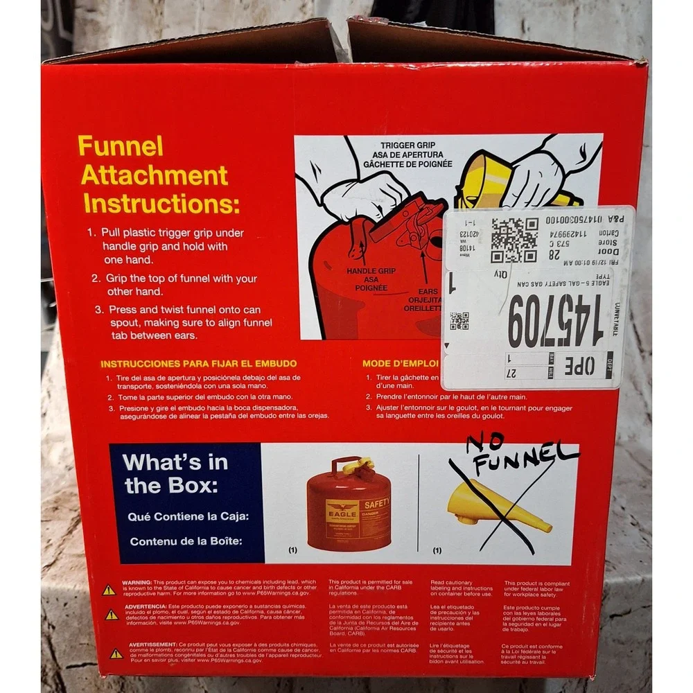 Eagle UI50FS Type I Safety Can 5 Gallon Red Steel Gasoline Storage Gas Can USA
